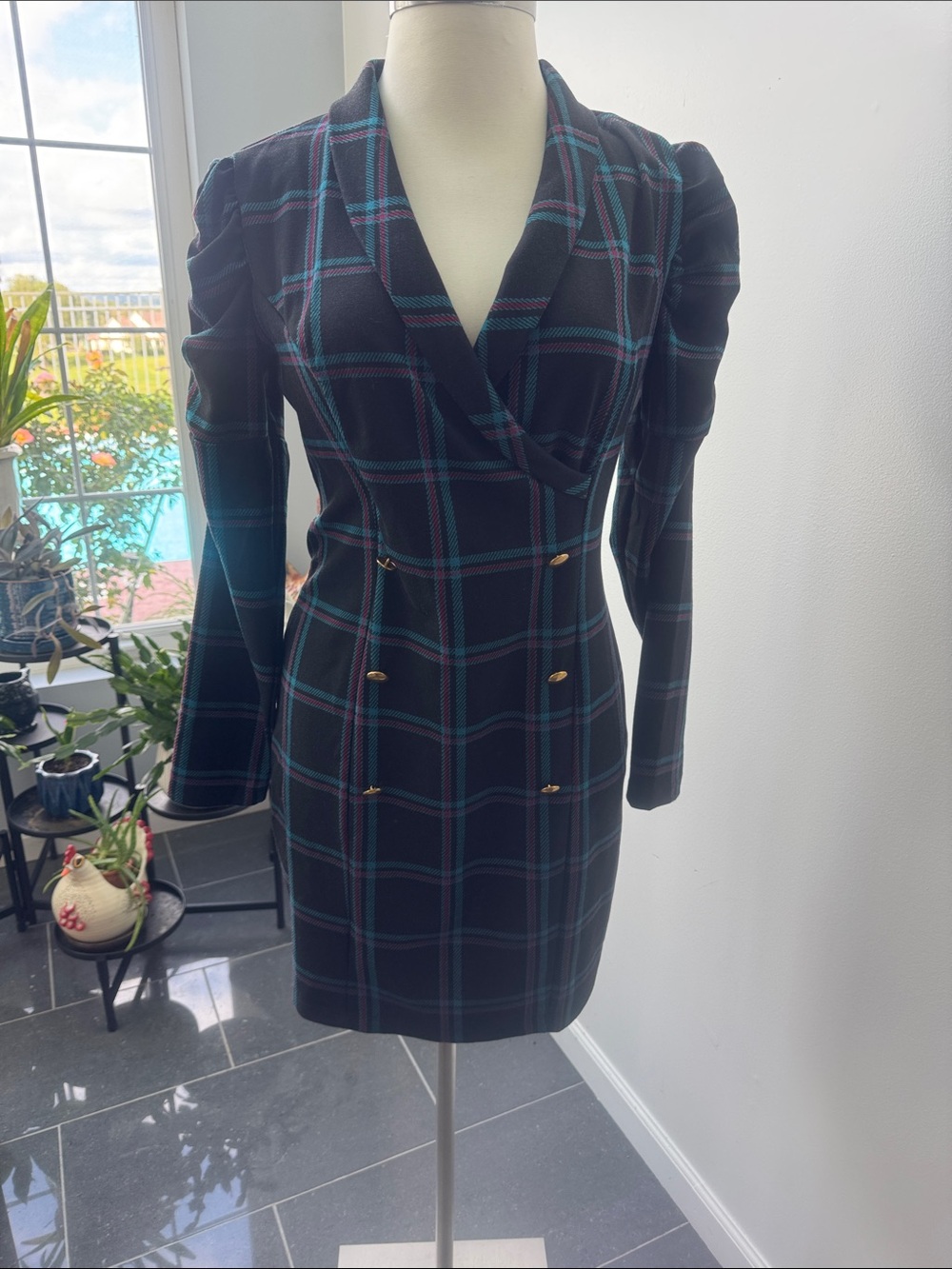 Venus Double-Breasted Plaid Blazer Dress in Navy and Teal